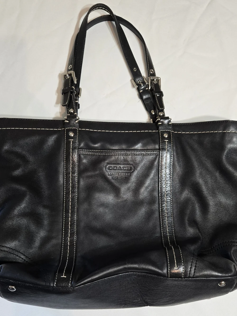 COACH Black Leather Tote with Contrast Stitching